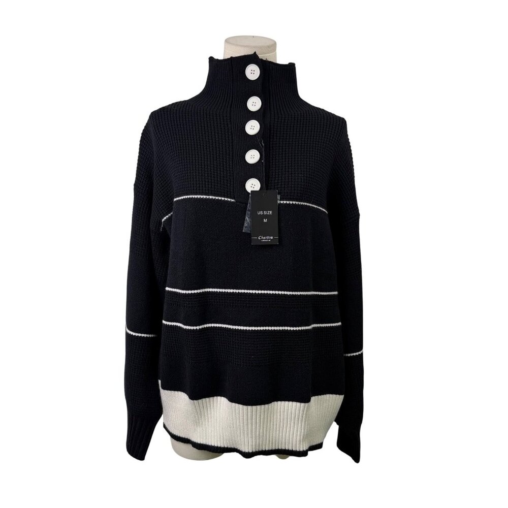 Chartou Women’s Black & White Striped Sweater With Buttons Size M - New